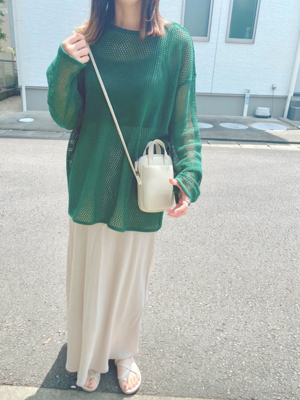 「メッシュニット、グリーン×ホワイト、マーメイドスカート、低身長」｜「LOWRYS FARMのパッチワークメッシュＴシャツ　274323（Tシャツ/カットソー、グリーン系）」を使った、miniiiiiさん（レディース・150cm）の秋コーディネートの1枚目の写真