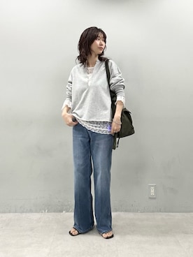 「LARUTA（ラルータ）の【LARUTA】MIXレース切替プルオーバー（Tシャツ/カットソー、ホワイト系）」を使った、Haruさん（レディース・160cm）の春コーディネート