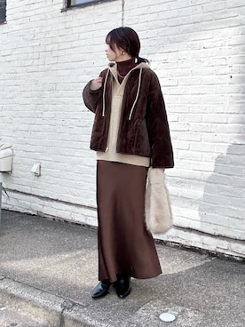 「アイテム（ノーカラーコート）」を使った、Haruさん（レディース・160cm）の冬コーディネート