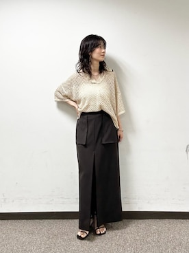 「LARUTA（ラルータ）の【LARUTA】麻調メッシュスキッパー半袖ニット（ニット/セーター、ホワイト系）」を使った、Haruさん（レディース・160cm）の夏コーディネート