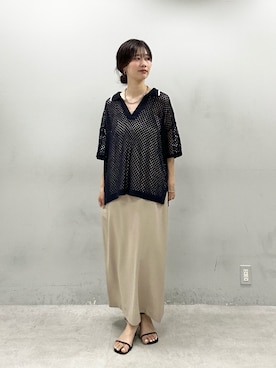 「LARUTA（ラルータ）の【LARUTA】麻調メッシュスキッパー半袖ニット（ニット/セーター、ブルー系）」を使った、Haruさん（レディース・160cm）の夏コーディネート