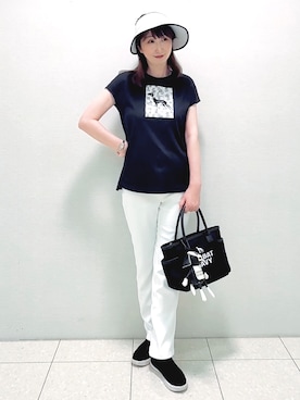 「adabat（アダバット）の接触冷感/抗菌防臭/消臭 アイスクリアコットンチュニックT（Tシャツ/カットソー、ブラック系）」を使った、ᴀᴋɪ ꕤ୭さん（レディース・167cm）の夏コーディネート