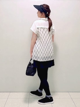 「adabat（アダバット）のバックシアー半袖ポロシャツ（ポロシャツ、ホワイト系）」を使った、ᴀᴋɪ ꕤ୭さん（レディース・167cm）の夏コーディネート