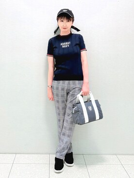「adabat（アダバット）の【ADABAT NAVY】UVカット ケーブルストライプ半袖モックニット（ニット/セーター、ブルー系）」を使った、ᴀᴋɪ ꕤ୭さん（レディース・167cm）の春コーディネート