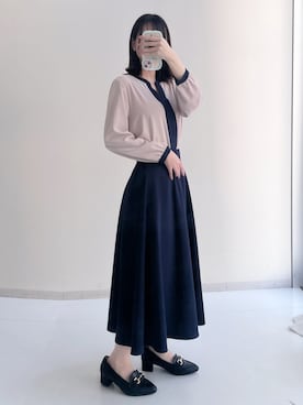 「nissen（ニッセン）のストレッチダブルクロス6枚ハギフレアスカート　しわになりにくい（80cm丈）<大きいサイズ有>（スカート、ブルー系）」を使った、sakuさん（レディース・159cm）の冬コーディネート