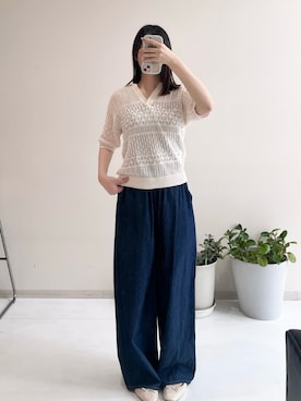 「nissen（ニッセン）の綿１００％透かし編みスキッパーポロ衿半袖ニット〈大きいサイズ有〉（ニット/セーター、ホワイト系）」を使った、sakuさん（レディース・159cm）の春コーディネート