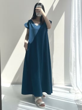 「nissen（ニッセン）のフリル袖Aラインデニムロングワンピース（ワンピース、ブルー系）」を使った、sakuさん（レディース・159cm）の春コーディネート