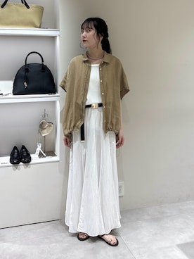 「DouDou（ドゥドゥ）のリネンドロストフレンチシャツ（シャツ/ブラウス、ベージュ系）」を使った、doudousayakaさん（レディース・163cm）の夏コーディネート