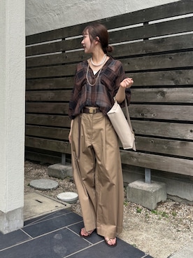 「DouDou（ドゥドゥ）のシアーチェックドロストシャツ（シャツ/ブラウス）」を使った、sayakaさん（レディース・163cm）の夏コーディネート