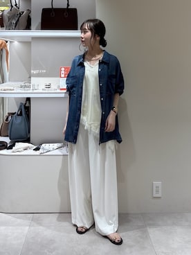 「DouDou（ドゥドゥ）の袖リブシアーデニムシャツ（シャツ/ブラウス、ブルー系）」を使った、doudousayakaさん（レディース・163cm）の夏コーディネート