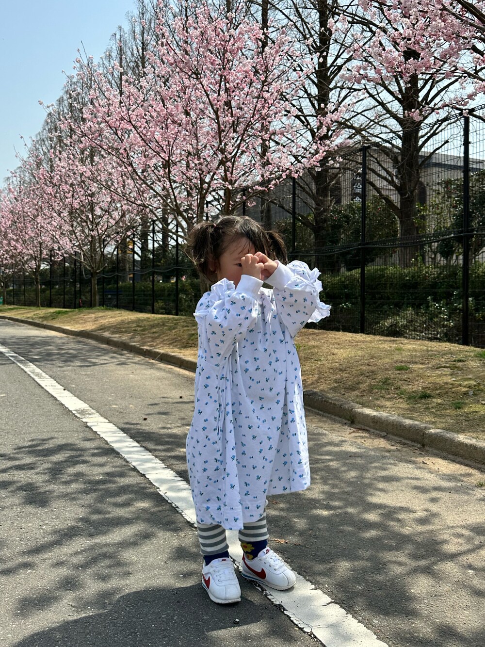 「春めき満開コーデ、春コーデ、キッズコーデ、キッズファッション、春色、女の子、おでかけコーデ、ボーダー、NIKE、ワンピース、お花見コーデ、ローリーズファーム(LOWRYS FARM)、LOWRYS FARM」｜「LOWRYS FARMのＵＳＡソデフリルワンピース　148563（ワンピース、ブルー系）」を使った、chigiripanchan3442さん（キッズ・90cm）の春コーディネートの1枚目の写真