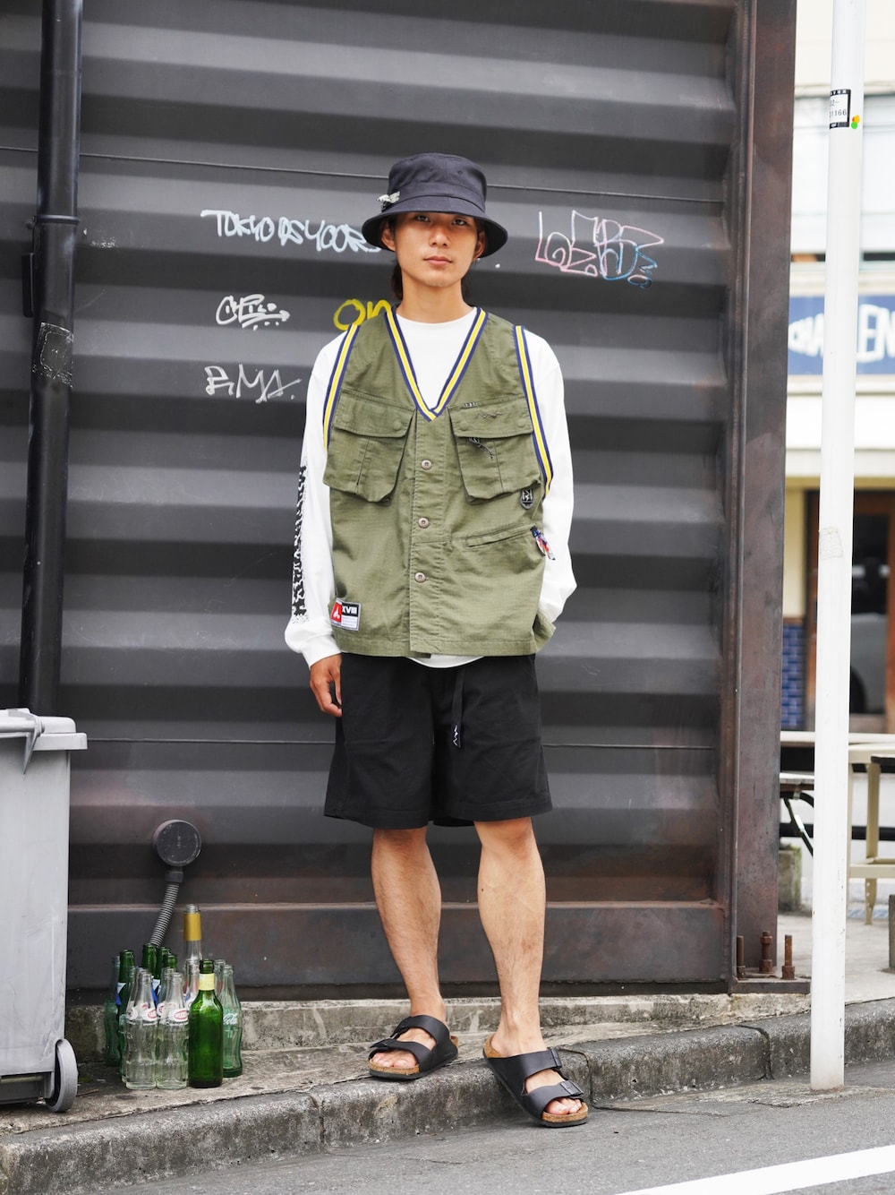 「チェック、アウトドアスタイル、パステルカラー、秋コーデ、バケットハット」｜「MANASTASHのMANASTASH/マナスタッシュ　FLEX CLIMBER WIDE SHORTS フレックスクライマーワイドショーツ　7126030（その他パンツ、ブラック系）」を使った、yusuke061019さん（メンズ・173cm）の秋コーディネートの1枚目の写真