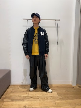 「フェイクレザー」｜「アイテム（スタジャン）」を使った、TAKEOさん（メンズ・172cm）の冬コーディネート