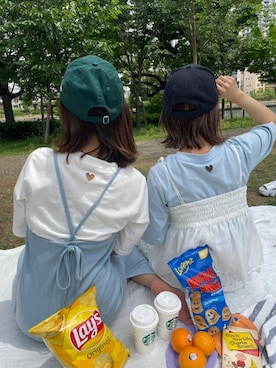 「フォロー、イイネ、お気に入り登録お願いします♡」｜「アイテム（キャップ）」を使った、かのん【155cm 骨格ナチュラル】さん（レディース・155cm）の夏コーディネート