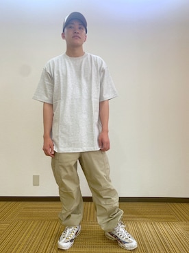 「AVIREX（アヴィレックス）のLIGHT COTTON FATIGUE PANTS / ライトコットン ファティーグ パンツ / AVIREX / アヴィレックス（カーゴパンツ、ベージュ系）」を使った、say0071さん（メンズ・167cm）の夏コーディネート