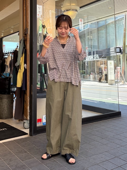 ムラプリントコットン　ビット付きバレルパンツ