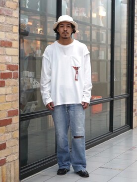 「BEAMS T（ビームスティー）のアイテム（Tシャツ/カットソー、ホワイト系）」を使った、おまつさん（メンズ・176cm）の夏コーディネート