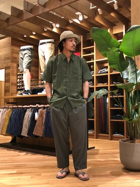 「BEAMS（ビームス）のFORONE / Gabardine School Hat（ハット、ベージュ系）」を使った、おまつさん（メンズ・176cm）の夏コーディネート