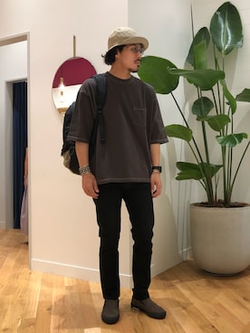 「アイテム（スリッポン、ブラウン系）」を使った、おまつさん（メンズ・176cm）の夏コーディネート