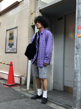 「BEAMS（ビームス）のBEAMS / ブライトチェック イージー シャツ（シャツ/ブラウス、ブルー系）」を使った、おまつさん（メンズ・176cm）の夏コーディネート