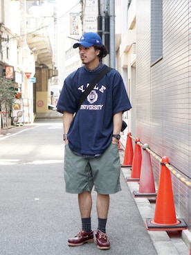 「NEW ERA（ニューエラ）のアイテム（キャップ、ブルー系）」を使った、おまつさん（メンズ・176cm）の夏コーディネート