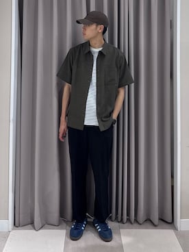 「ITEMS URBANRESEARCH（アイテムズ アーバンリサーチ）の『接触冷感/吸水速乾/イージーケア/UVカット』クイックドライリネンタッチ半袖シャツ（シャツ/ブラウス、グリーン系）」を使った、shunさん（メンズ・186cm）の夏コーディネート