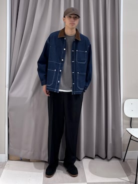 「ITEMS URBANRESEARCH（アイテムズ アーバンリサーチ）の襟コーデュロイデニムカバーオールジャケット（カバーオール、ブルー系）」を使った、shunさん（メンズ・186cm）の秋コーディネート