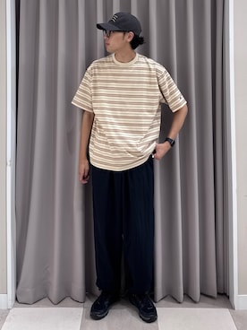 「SMELLY（スメリー）のウェリントンダテメガネ（メガネ、ブラック系）」を使った、shunさん（メンズ・186cm）の夏コーディネート