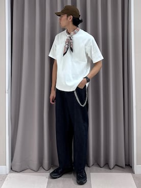 「SMELLY（スメリー）のウェーブレタリングキャップ（キャップ、ブラウン系）」を使った、shunさん（メンズ・186cm）の夏コーディネート
