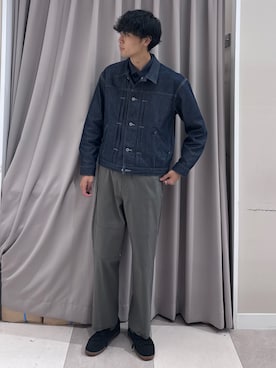 「ITEMS URBANRESEARCH（アイテムズ アーバンリサーチ）の『イージーケア』ストレッチデニムライク レギュラーカラーシャツ（シャツ/ブラウス、ブルー系）」を使った、shunさん（メンズ・186cm）の秋コーディネート