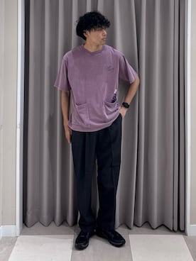 「ITEMS URBANRESEARCH（アイテムズ アーバンリサーチ）のUSEDライクビバレッジプリントTシャツ（Tシャツ/カットソー、パープル系）」を使った、shunさん（メンズ・186cm）の夏コーディネート