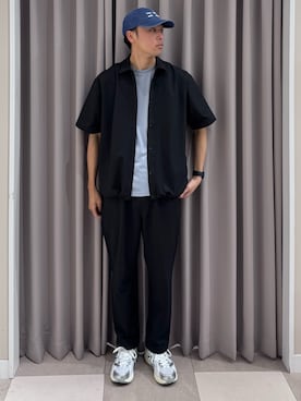 「ITEMS URBANRESEARCH（アイテムズ アーバンリサーチ）の『接触冷感/イージーケア/吸水速乾/撥水/防汚』高機能シアサッカー イージートラウザー(楽着シリーズ)（その他パンツ、ブラック系）」を使った、shunさん（メンズ・186cm）の夏コーディネート