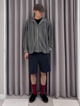 「ITEMS URBANRESEARCH（アイテムズ アーバンリサーチ）のマルチストライプレースオープンカラーシャツ（シャツ/ブラウス、グリーン系）」を使った、shunさん（メンズ・186cm）の夏コーディネート