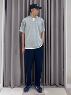 「ITEMS URBANRESEARCH（アイテムズ アーバンリサーチ）の冷感 フェイクレイヤースキッパー半袖プルオーバー（Tシャツ/カットソー、グレー系）」を使った、shunさん（メンズ・186cm）の夏コーディネート