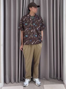 「ITEMS URBANRESEARCH（アイテムズ アーバンリサーチ）のアロハプリントオープンカラー半袖シャツ（シャツ/ブラウス、ブラウン系）」を使った、shunさん（メンズ・186cm）の春コーディネート