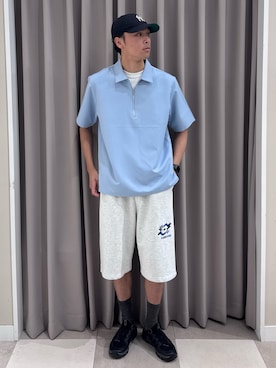 「ITEMS URBANRESEARCH（アイテムズ アーバンリサーチ）の冷感+速乾TRストレッチハーフZIP プルオーバー（シャツ/ブラウス、ブルー系）」を使った、shunさん（メンズ・186cm）の夏コーディネート