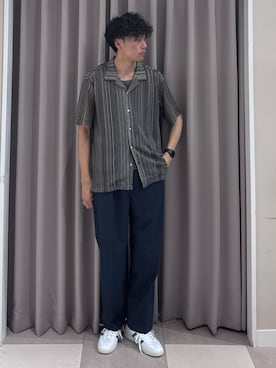 「ITEMS URBANRESEARCH（アイテムズ アーバンリサーチ）のマルチストライプレースオープンカラーショートスリーブシャツ（シャツ/ブラウス、グリーン系）」を使った、shunさん（メンズ・186cm）の夏コーディネート