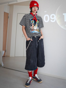 「Levi's（リーバイス）のLevi's/リーバイス バックパッチビーニー（ニットキャップ/ビーニー、レッド系）」を使った、soshunさん（メンズ・169cm）の夏コーディネート