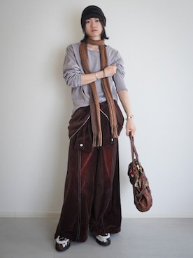 「CREO STORE（クレオストア）の【TAJEN:T】BLEACH OUT VELVET JUMP SUIT/ ベルベットジャンプスーツ（つなぎ/オールインワン、ブラウン系）」を使った、soshunさん（メンズ・169cm）の秋コーディネート