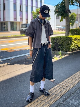「Regen Glanz（レーゲングランツ）のcropped short sleeve shirt/クロップドショートスリーブシャツ（シャツ/ブラウス）」を使った、soshunさん（メンズ・169cm・20代）の夏コーディネート