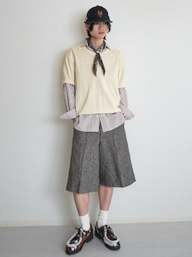 「my beautiful landlet（マイビューティフルランドレット）の【my beautiful landlet】COTTON TWEED WIDE SHORT PANTS（その他パンツ、ベージュ系）」を使った、soshunさん（メンズ・169cm）の夏コーディネート