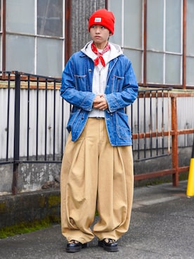 「アイテム（バンダナ/スカーフ）」を使った、soshunさん（メンズ・169cm）の秋コーディネート