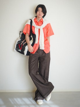 「soerte（ソエルテ）のWide straight slacks/ワイドストレートスラックスパンツ（スラックス、ブラウン系）」を使った、soshunさん（メンズ・169cm）の夏コーディネート
