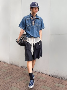 「VANS（バンズ）のLX CLASSIC SLIP-ON 98　VN000D9PIND（スリッポン、ブルー系）」を使った、soshunさん（メンズ・169cm）の夏コーディネート