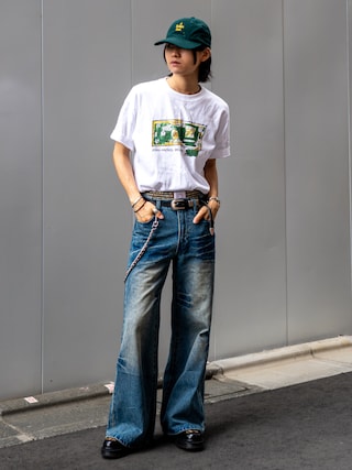 「Parts Lab.(パーツラボ)の【Parts Lab.】Vintage Washed Flare Denim Pants / ヴィンテージウォッシュフレアデニムパンツ(デニムパンツ)」を使った、soshunさん(メンズ・169cm)の夏コーディネート