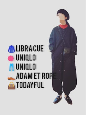 「Libra Cue（リブラ キュー）のアイテム（ノーカラーコート）」を使った、chii-piiさん（レディース・169cm）の冬コーディネート