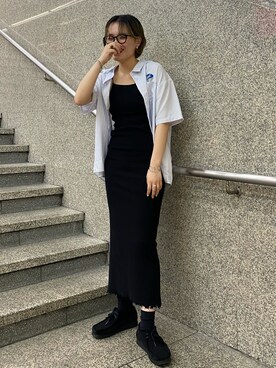 「Clarks（クラークス）のWallabee 2 / メンズ ワラビー2 (ブラックスエード)（モカシン/デッキシューズ）」を使った、𠮷田さん（レディース・165cm）の夏コーディネート