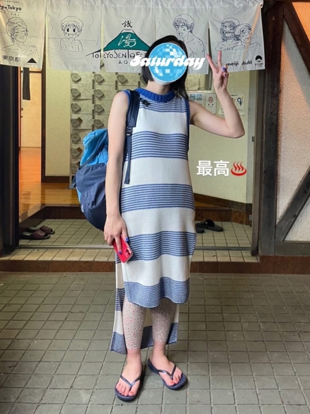 「summer、ボーダー、ワンピース、パタゴニア、patagonia」｜「cabanのアイテム（ワンピース、ブルー系）」を使った、RARAさん（レディース・153cm）の夏コーディネートの1枚目の写真