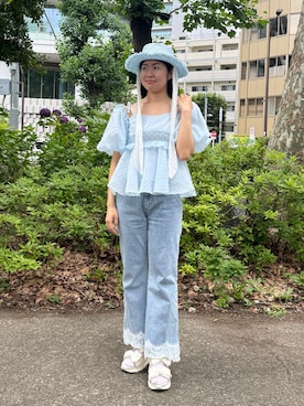「kaorinomori（カオリノモリ）のkaorinomori  ユニンハット / カオリノモリ（ハット、ブルー系）」を使った、しーちゃんさん（レディース・163cm）の夏コーディネート