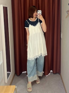「LOWRYS FARM（ローリーズファーム）のレースデニム　601055（デニムパンツ、ブルー系）」を使った、yuichanさん（レディース・165cm）の春コーディネート